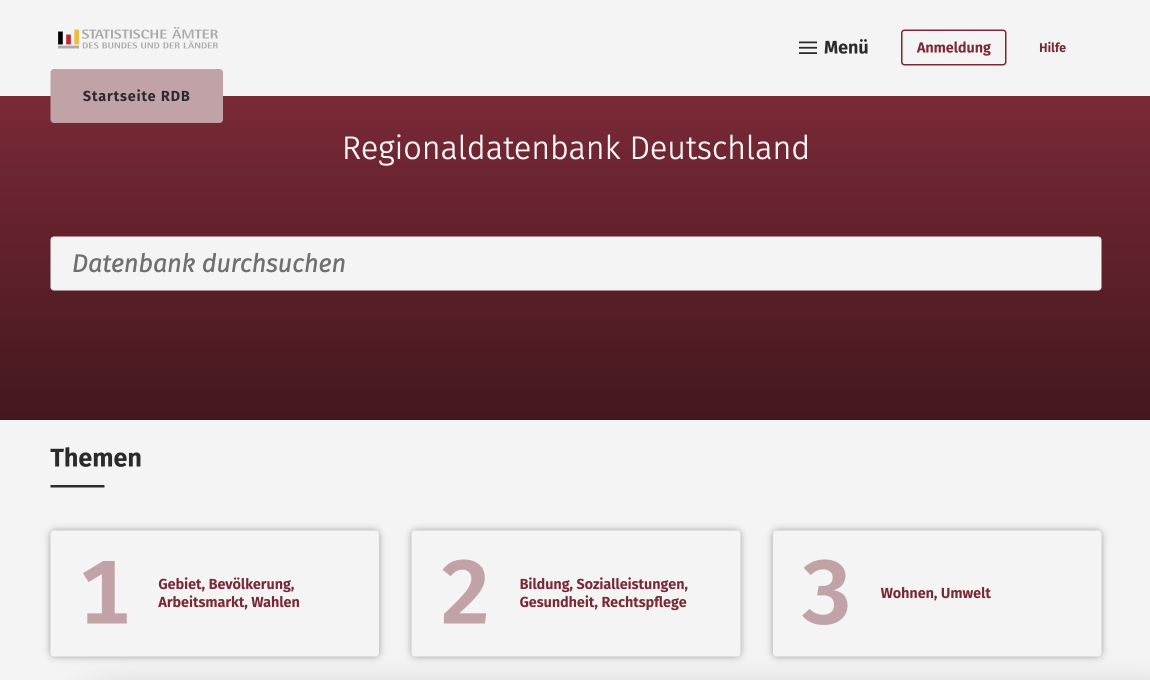 Screenshot der Regionaldatenbank Deutschland, mit einer Suchmaske und Links zu verschiedenen Themen